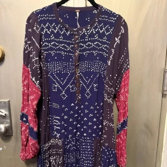 Free People Shibori Swing / Baby Doll Mini Dress with Balloon (Puff) Sleeves - Picture 7 of 16